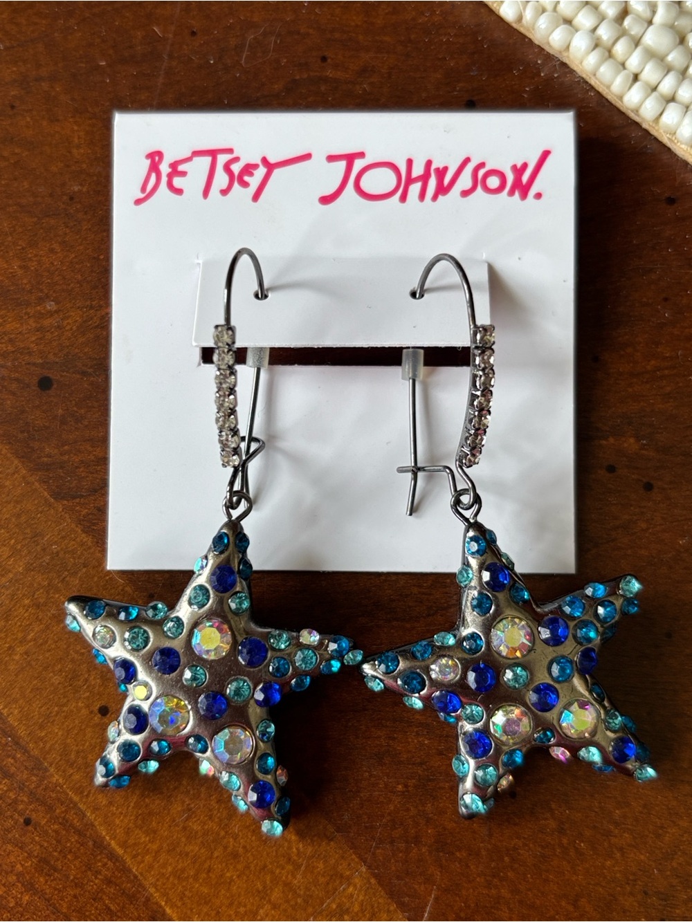 Betsey Johnson Blue Crystal Star Dangle Drop Earrings Aqua Royal Gunmetal Base